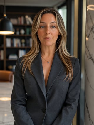 Professional woman in dark blazer with long brown hair, wearing a cross necklace