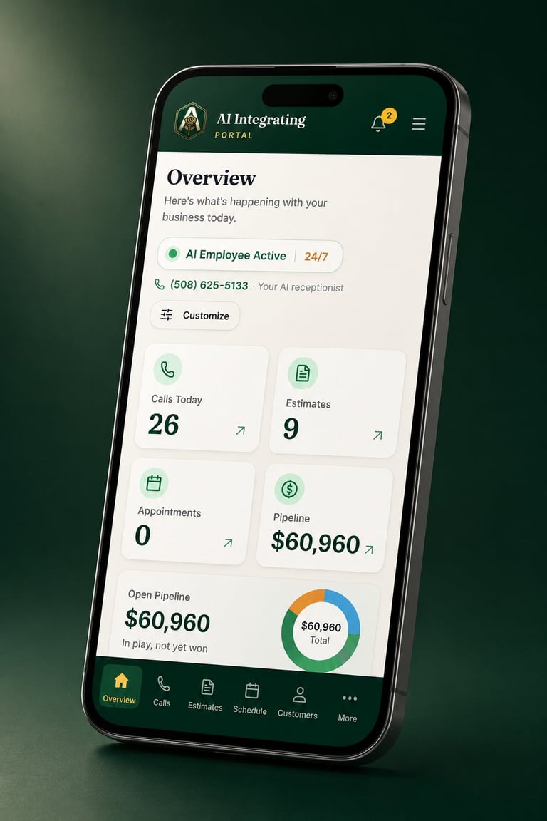 Smartphone displaying AI Integrating Portal app overview screen with business metrics including 26 calls today, 9 estimates, and $60,960 pipeline value