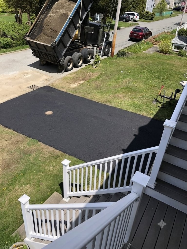Dump truck delivering asphalt to a residential driveway next to a white vinyl railing and house