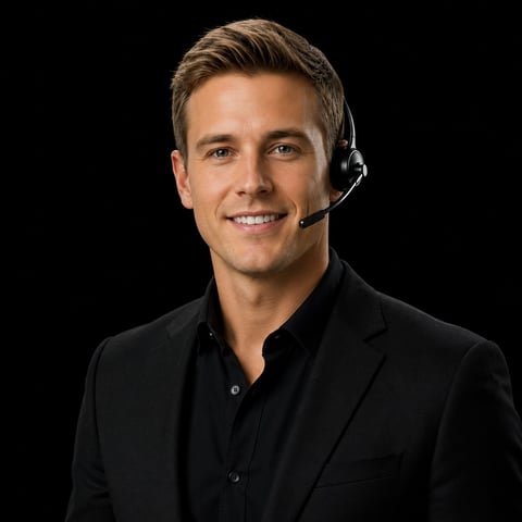 Professional man smiling in black blazer and black shirt wearing a headset microphone against a black background