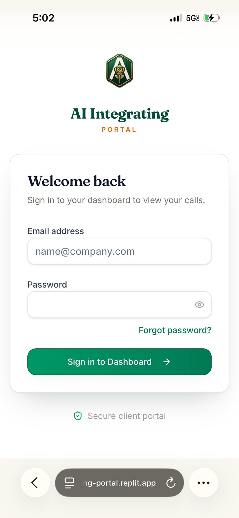 AI Integrating Portal login screen with email field, password field, and Sign in to Dashboard button