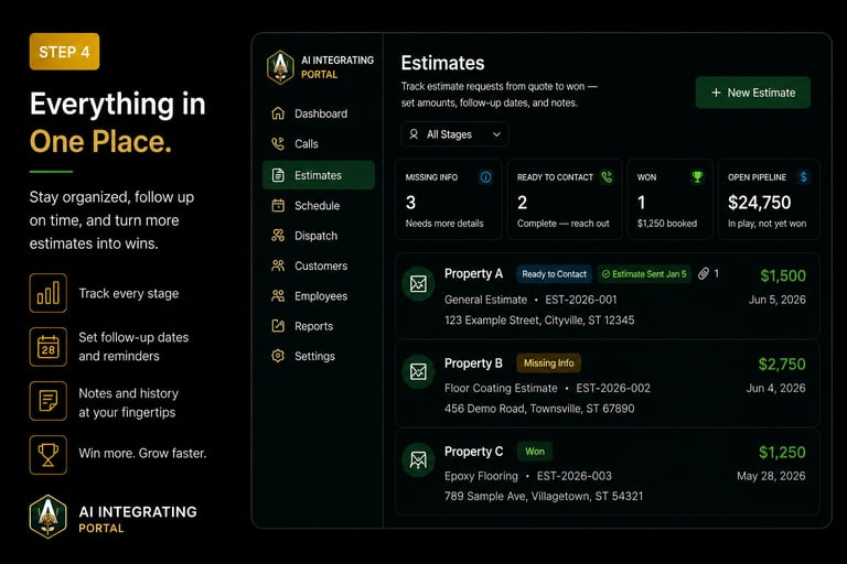 Project management dashboard showing estimates for multiple properties with costs and dates, including navigation menu and key features on the left sidebar