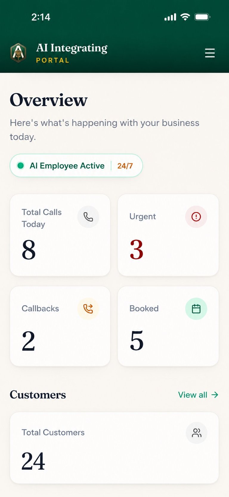 AI Integrating Portal app dashboard showing business overview with 8 total calls, 3 urgent items, 2 callbacks, 5 bookings, and 24 total customers