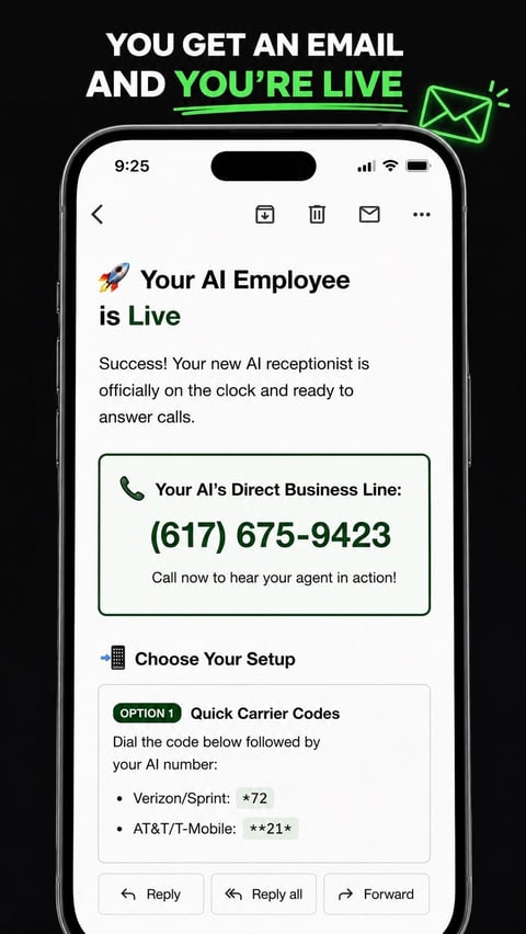 Email notification on smartphone showing AI receptionist activation message with phone number and carrier code setup instructions