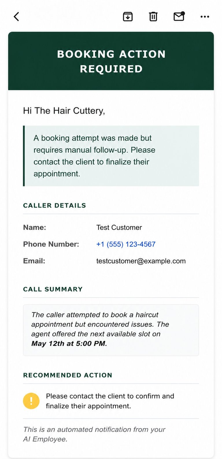 Booking action required notification for The Hair Cuttery salon with customer details and recommendation to contact client to finalize haircut appointment