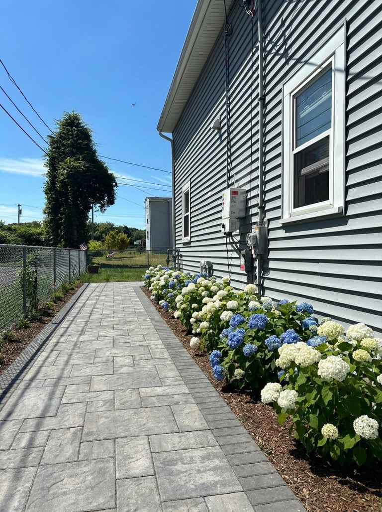 Suburban home exterior with blue and white striped siding, paved walkway lined with blue and white hydrangea flowers, and lush landscaping under clear blue sky.