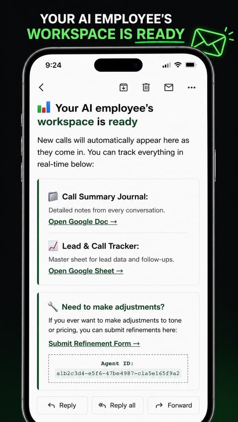 Mobile phone screen showing an AI employee workspace setup notification with call summary journal, lead tracker, and refinement form options