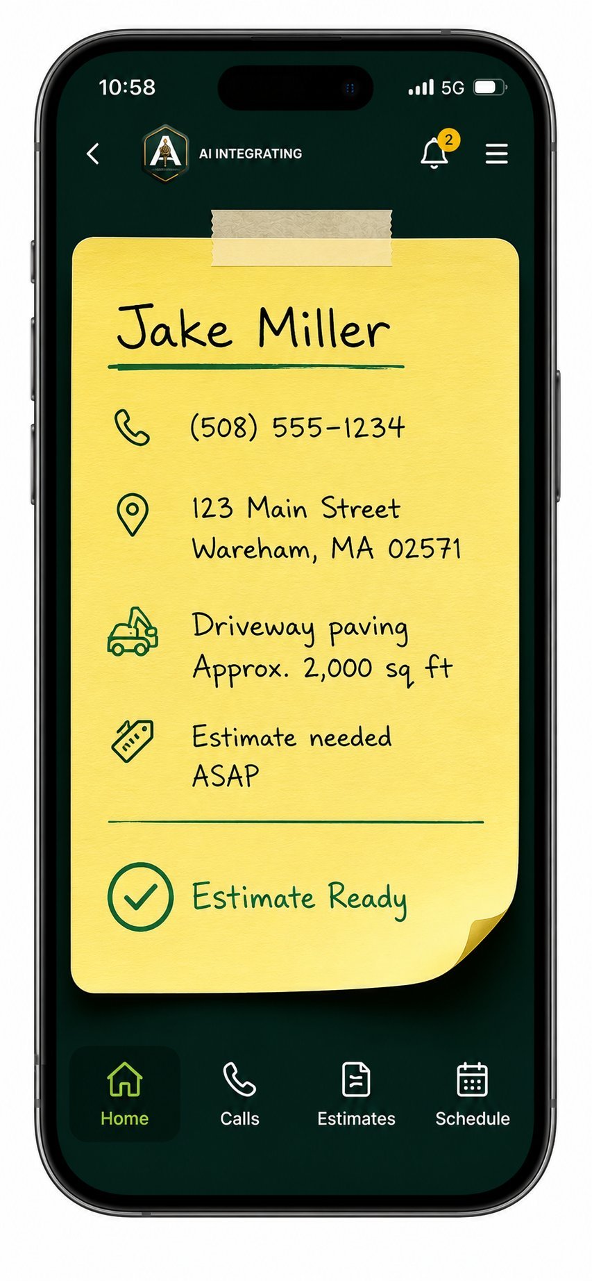 Smartphone screen showing a yellow contact card for Jake Miller with phone number, address, driveway paving project details, and estimate status.