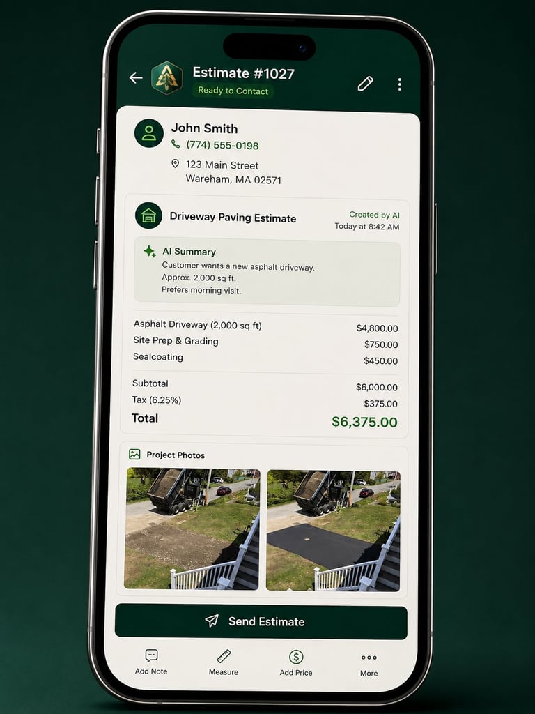 Mobile app screen showing Estimate #1027 for driveway paving at $6,375.00 with customer contact info, AI-generated summary, and project photos