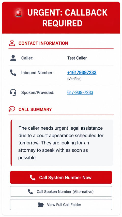 Red urgent callback alert showing contact information for Test Caller needing legal assistance for tomorrows court appearance