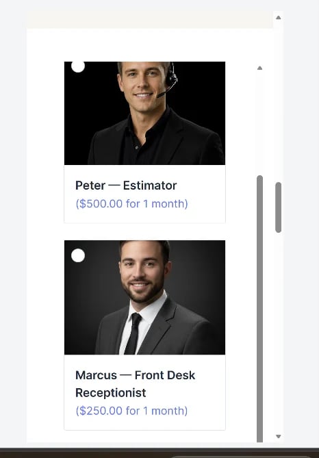 List of professional contractors showing Peter as Estimator ($500/month) and Marcus as Front Desk Receptionist ($250/month) with headshots