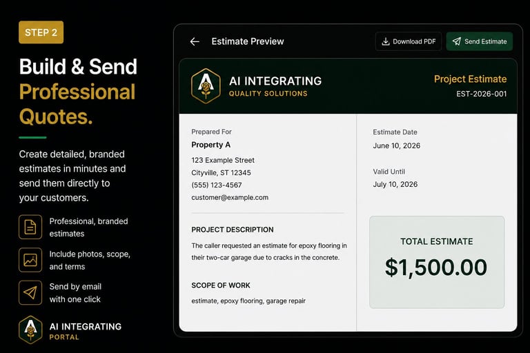 Screenshot showing Step 2 of building professional quotes with AI Integrating software, displaying a sample project estimate for $1,500.00