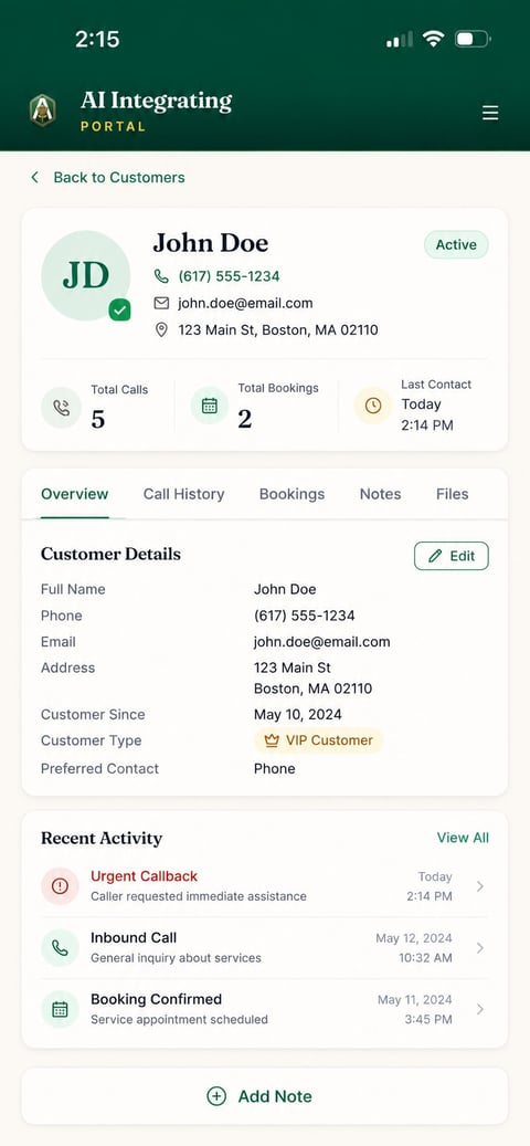 Customer profile page for John Doe showing contact details, activity summary, and recent interactions in an AI Integrating Portal app