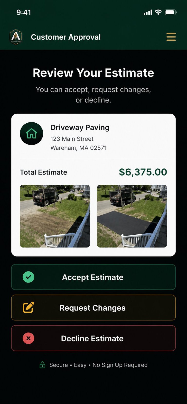 Mobile app screen showing customer approval for a driveway paving estimate of $6,375 with before and after photos and action buttons