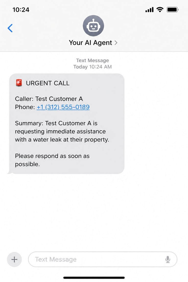 Mobile phone screen showing urgent call notification from AI Agent about water leak emergency at customer property