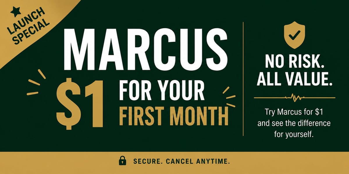 Marcus launch special: $1 for your first month with no risk and all value. Try Marcus for $1 to see the difference. Secure, cancel anytime.